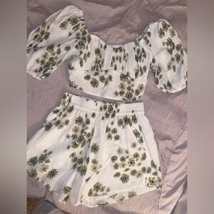 Abercrombie and Fitch Puff Sleeve White and Green floral Crop Top and Shorts Set